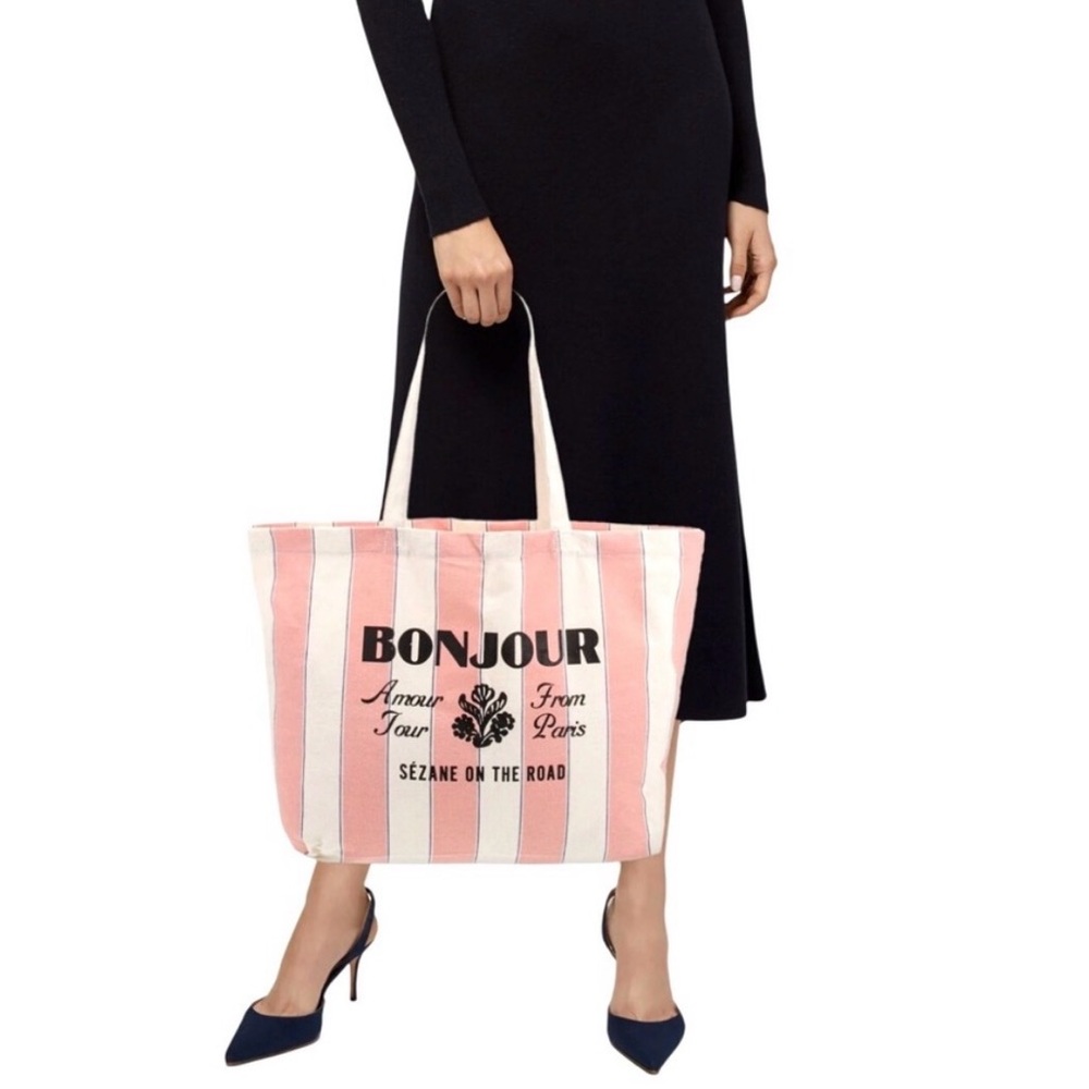 Sezane Pink and White Bonjour Tote Bag